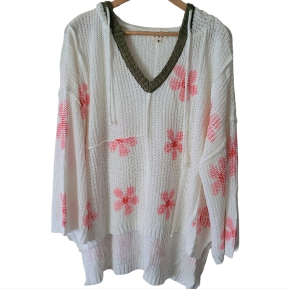 Boutique POL Hooded Pullover Lightweight Cream Sweater with Pink Flower/Stars - Picture 9 of 16